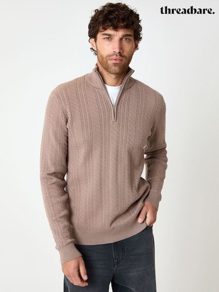 Threadbare Light Brown Cable Knit Quarter Zip Jumper (Y06398) | £24