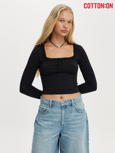 Cotton On Black Annie Lace Tie Long Sleeve Top (Y06658) | £16