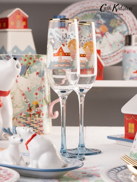 Cath Kidston Set of 2 Blue Christmas Journey Champagne Flutes (Y06753) | £25