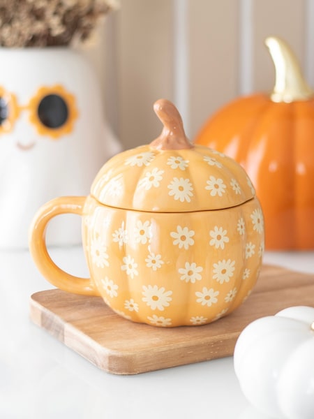 Something Different Orange Groovy Floral Print Pumpkin Lidded Mug (Y06832) | £15