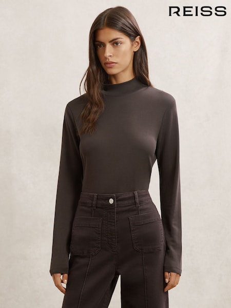 Reiss Chocolate Brown Molly Lyocell-Blend Funnel-Neck Top (Y06920) | £58