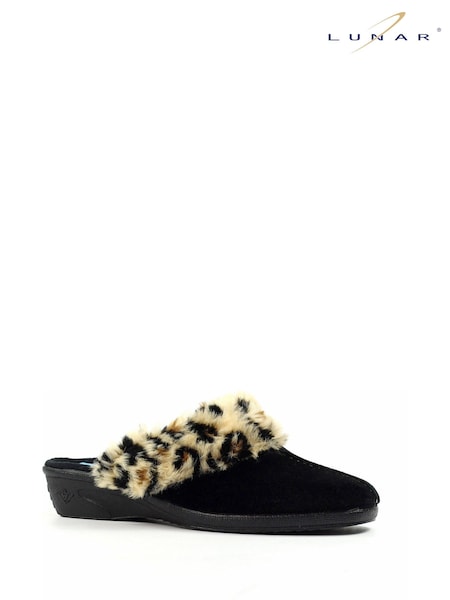 Lunar Burnie Leopard Print Trim Mule Black Slippers (Y06991) | £35