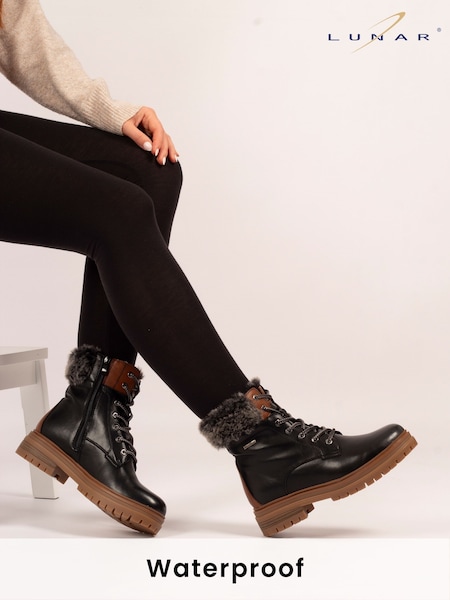 Lunar Bernice Faux Fur Trim Waterproof Black Boots (Y07026) | £70
