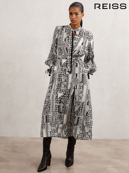 Reiss Black/Ivory Marie Geometric-Print Tie-Neck Dress (Y07289) | £240