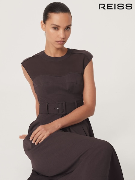 Reiss Burgundy Ava Petite Mesh-Panel Belted Pleated Midi Dress (Y07295) | £240