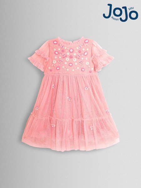 JoJo Maman Bébé Light Pink Floral Embroidered Tiered Tulle Party Dress (Y07332) | £36 - £42