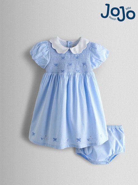 JoJo Maman Bébé Light Blue Bud Floral Smocked Party Dress (Y07397) | £40 - £46