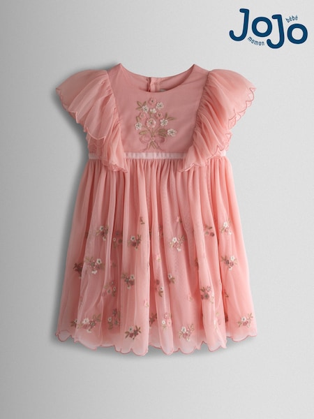 JoJo Maman Bébé Light Pink Floral Embroidered Angel Sleeve Party Dress (Y07400) | £36 - £42