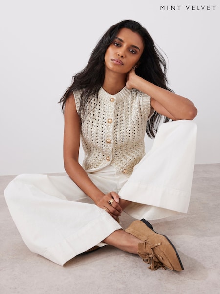 Mint Velvet Gold Cotton Blend Foil Knit Waistcoat (Y07680) | £89