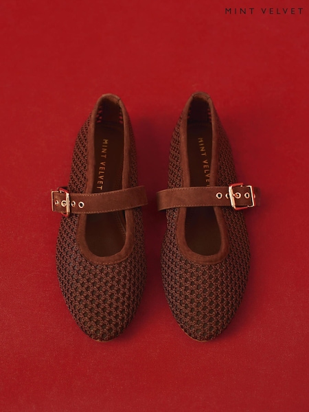Mint Velvet Brown Trixie Mesh Ballet Flat Pumps (Y07694) | £89