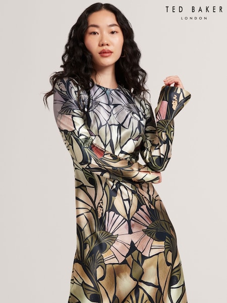 Ted Baker Black Zellie Print Long Sleeve Midi Dress (Y07788) | £229