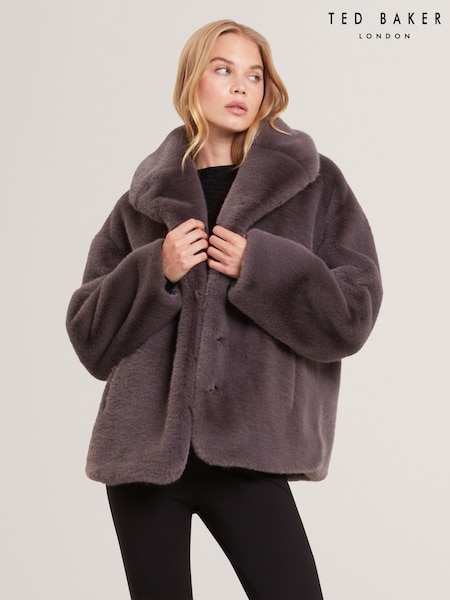 Ted Baker Grey Fiela Short Faux Fur Coat With Shawl Collar (Y07789) | £299