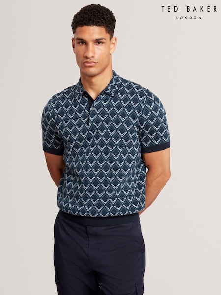 Ted Baker Blue Melvvin Short Sleeve Geo Jacquard Knit Polo Shirt (Y07800) | £99