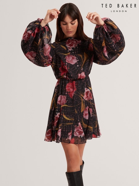 Ted Baker Black Endrina Long Sleeve Printed Midi Dress (Y07811) | £179