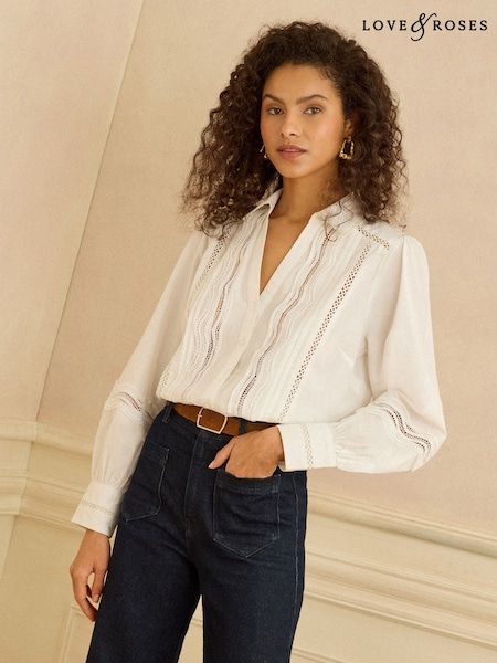 Love & Roses White Lace Trim Button Through Long Sleeve Shirt (Y07947) | £39