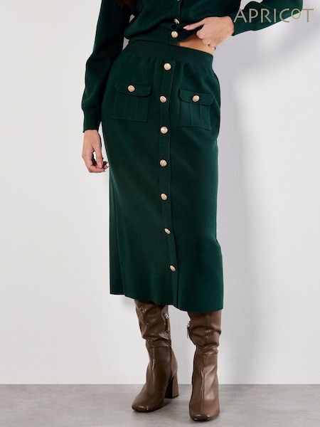 Apricot Green Gold Button Through Knit Midi Skirt (Y08189) | £37
