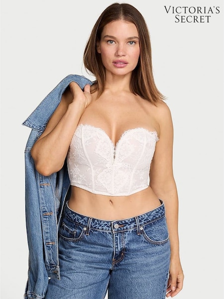 Victoria's Secret Coconut White Lace Deep V-Cropped Corset Top (Y08407) | £75