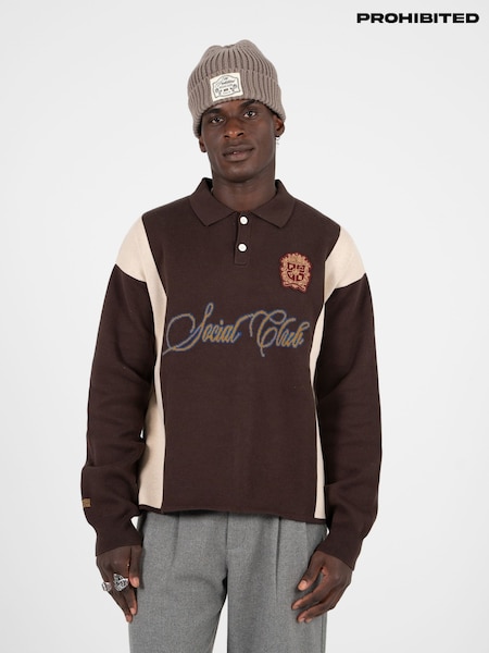 Prohibited Brown Contrast Clubhouse Knit  Sweat Top (Y08445) | £85