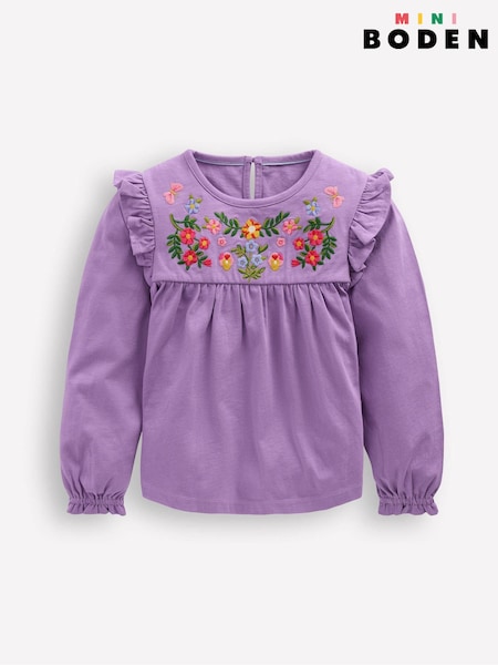 Boden Purple Embroidered Jersey Yoke Top (Y08870) | £0
