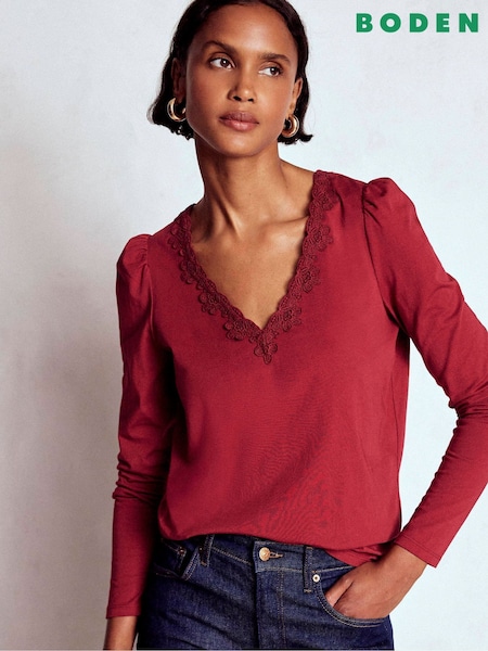 Boden Red Flora Lace V-Neck Top (Y08935) | £39