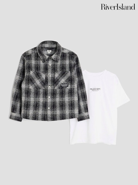 River Island Black Mono Check Shacket & T-Shirt Set (Y09067) | £29