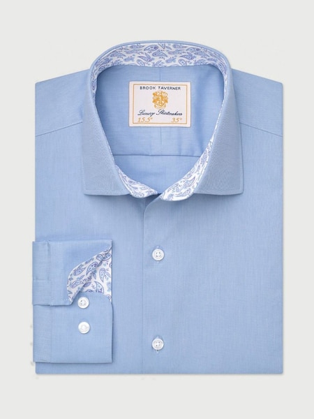 Brook Taverner Blue Herringbone Stretch Cotton Shirt (Y09282) | £50