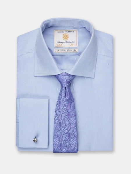 Brook Taverner Blue Double Cuff Herringbone Cotton Shirt (Y09300) | £50
