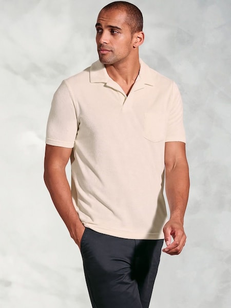 Brook Taverner White Cotton Rich Terry Towelling Polo Shirt (Y09317) | £50