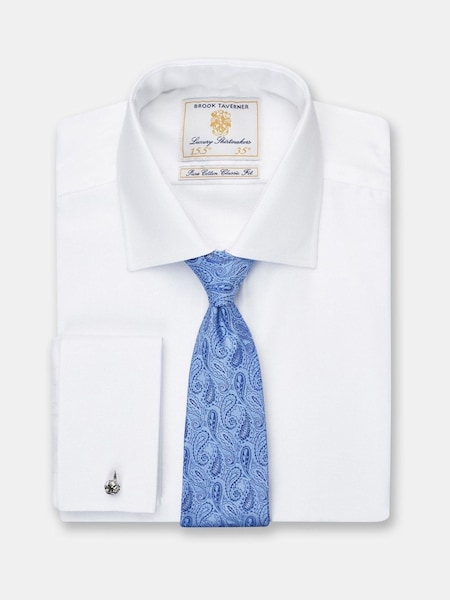 Brook Taverner White Double Cuff Herringbone Cotton Shirt (Y09330) | £50