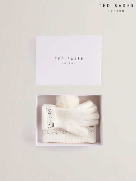Ted Baker Cream Keriis Rhinestone Knitted Hat And Gloves Set (Y09415) | £69