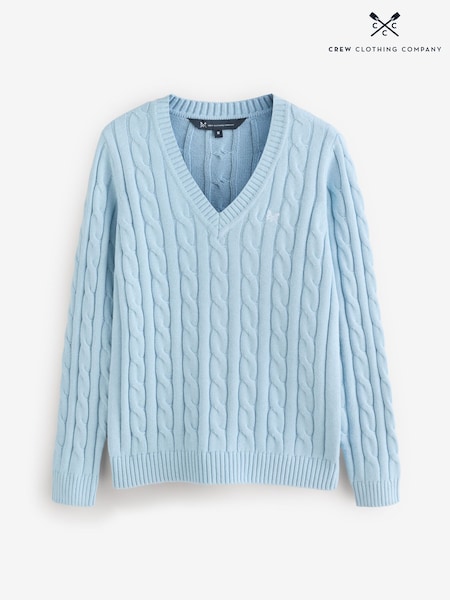 Crew Clothing Blue V-Neck Chunky Heritage Cable Jumper (Y09431) | £59