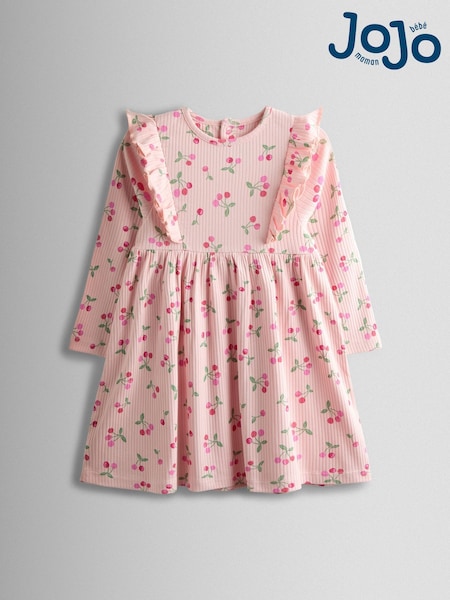 JoJo Maman Bébé Light Pink Cherry Frill Long Sleeve Dress (Y09488) | £19 - £22