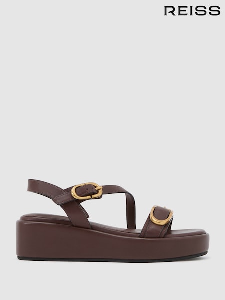 Reiss Chocolate Nyla Leather Double-Buckle Flatform Sandals (Y09499) | £170