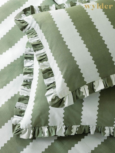 Wylder Baygreen Mist Birdie Stripe Ruffle Pillowcases Pair (Y09554) | £22