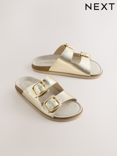 Gold Leather Extra Wide Fit Double Strap Footbed Sandals (Y09597) | £0
