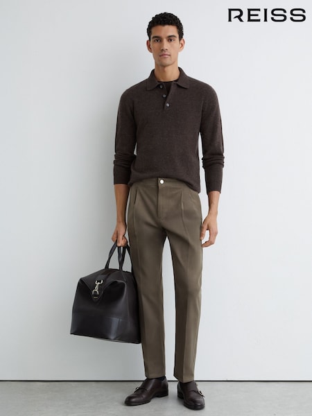 Reiss Dark Brown Prunotto Atelier Brushed Pleated Trousers Classic-Fit (Y09638) | £198