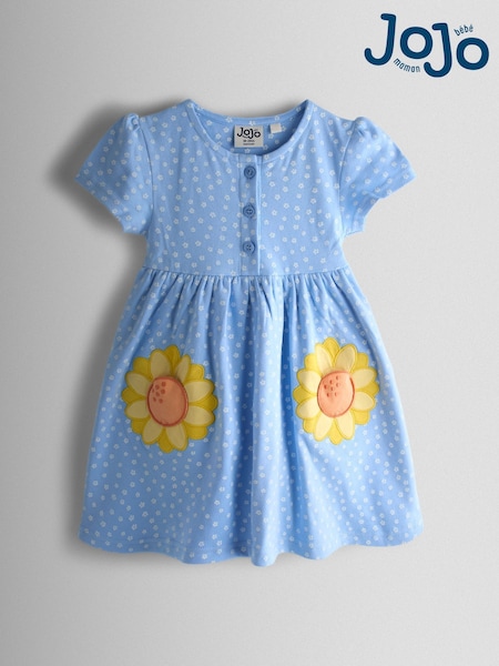 JoJo Maman Bébé Light Blue Sunflower Appliqué Pockets Button Front Dress (Y09680) | £22 - £25