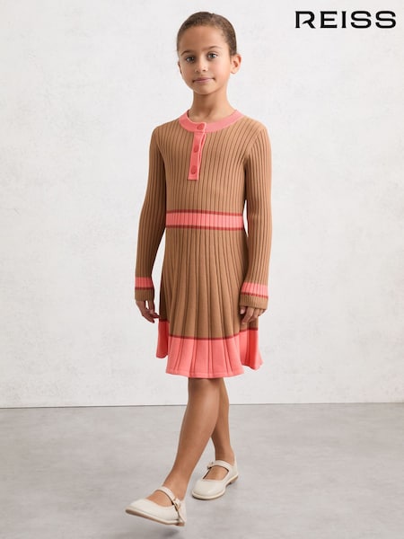 Reiss Camel Holly 3-9 yrs Colour-Block Knitted Skater Dress (Y09730) | £65