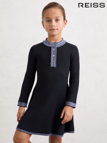 Reiss Navy Rudy 3-9 yrs Contrast-Trim Rib-Knit Skater Dress (Y09736) | £68