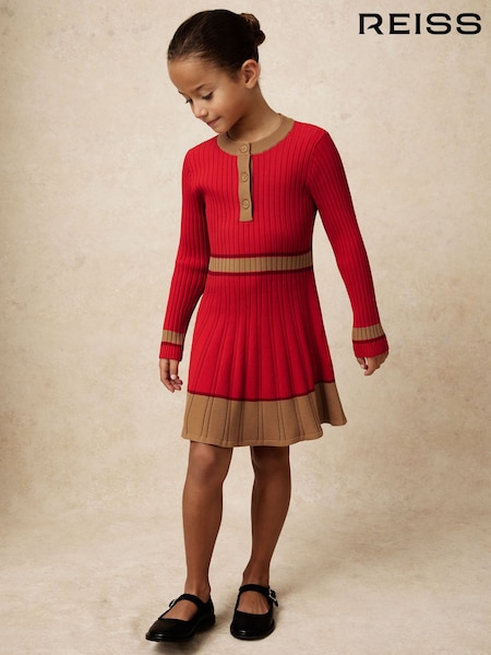 Reiss Red Holly 9-13 yrs Colour-Block Knitted Skater Dress (Y09740) | £74