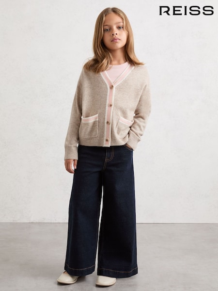 Reiss Neutral Eloise 3-9 yrs Wool-Blend Tipped Cardigan with Cashmere (Y09743) | £40