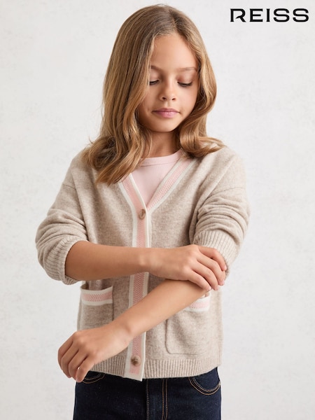 Reiss Neutral Eloise 9-13 yrs Wool-Blend Tipped Cardigan with Cashmere (Y09765) | £44