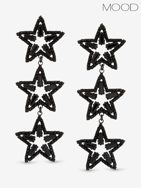 Mood Silver Tone Jet Crystal Triple Star Statement Drop Earrings (Y09839) | £17