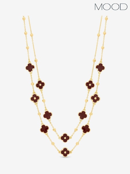 Mood Gold Tone Polished Burgundy Clover Double Row Necklace (Y10101) | £25