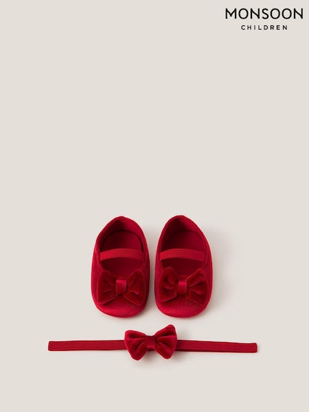 Monsoon Red Baby Bow Velvet Headband & Booties Set (Y10212) | £16
