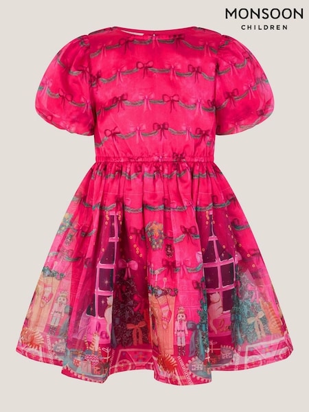 Monsoon Pink Christmas Scene Bow Puff Sleeve Dress (Y10216) | £38 - £43