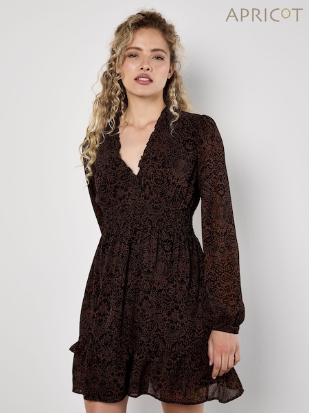 Apricot Brown Paisley Print Ruffle Detail Dress (Y10309) | £40