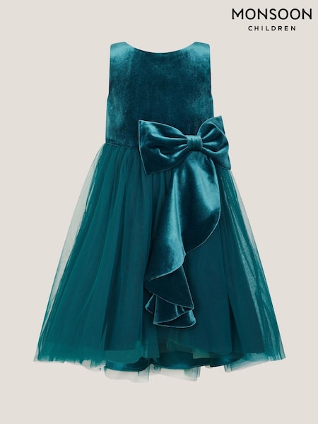 Monsoon Blue Velvet Bow Party Dress (Y10327) | £60 - £70