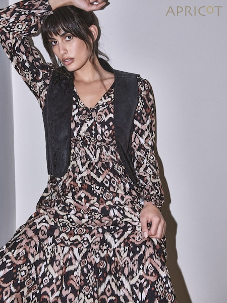 Apricot Black Tonal Ikat Button Midaxi Dress (Y10331) | £50