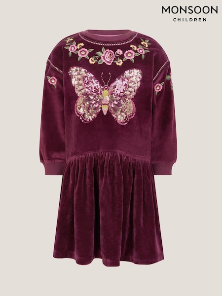Monsoon Red Butterfly Embellished Velour Dress (Y10358) | £36 - £41